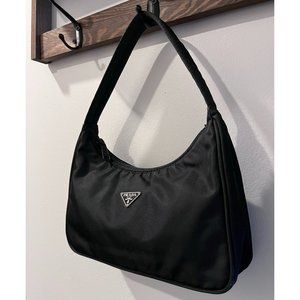 Vintage PRADA Mini Nylon Hobo Bag - Black w/ Silver Logo Plaque